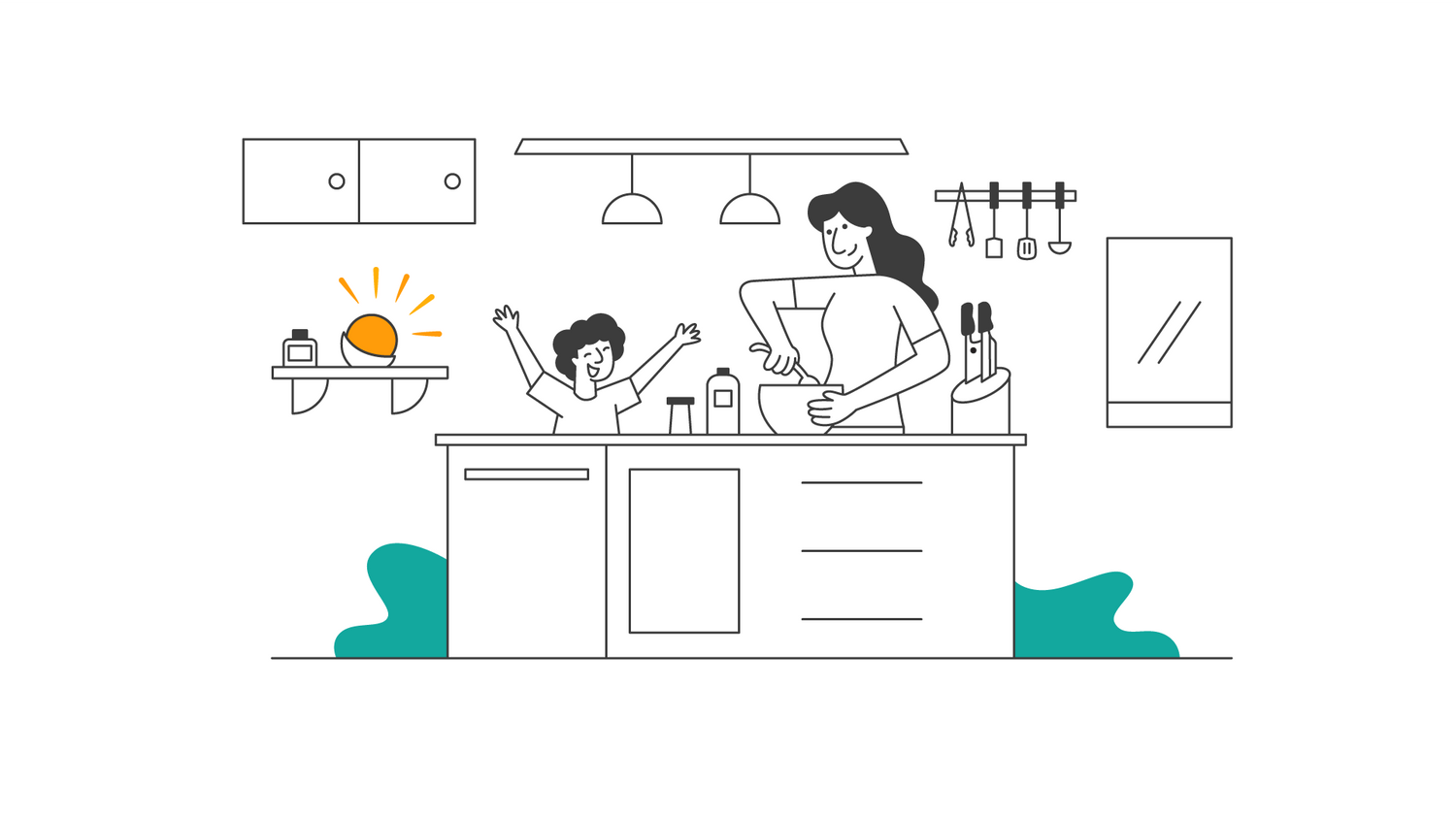 The characters are enjoying cooking in the kitchen. There is a Glowcose light on the shelf showing orange colour.