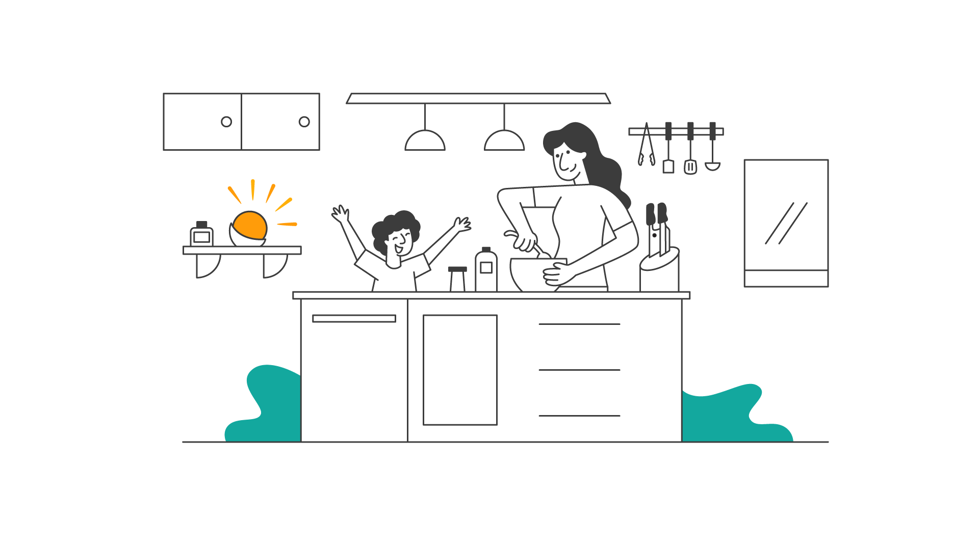 The characters are enjoying cooking in the kitchen. There is a Glowcose light on the shelf showing orange colour.