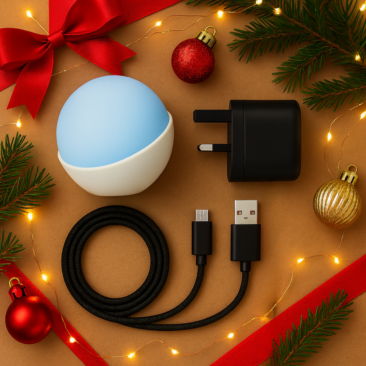 smart diabetes monitoring device with accessories on a festive background with Christmas decorations.